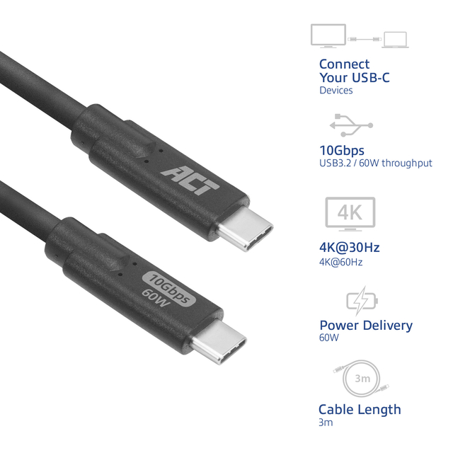 Kabel ACT USB-C 3.0 10Gbps 60W USB 3 meter