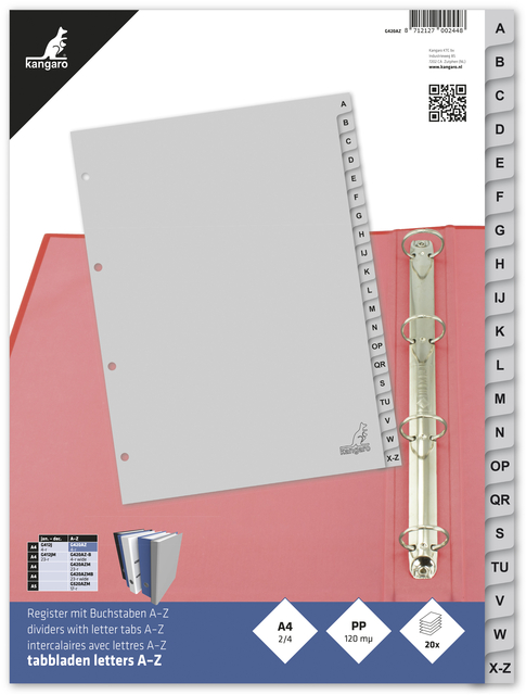 Dividers Kangaro A4 PP 120 micron 4 holes 20 tabs alphabet grey