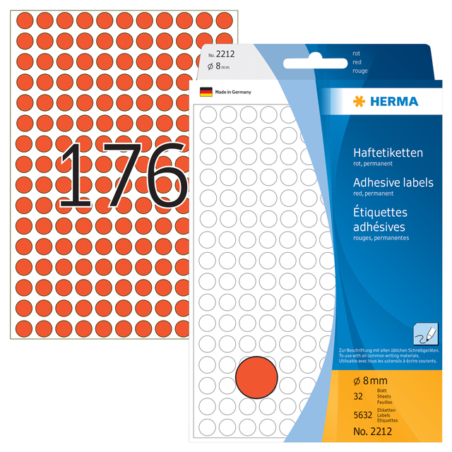Multi-purpose labels / colour dots, Ø 8 mm, round, red, permanent adhesion, fo