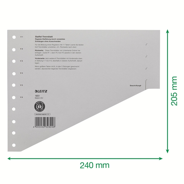Scheidingsbladen Leitz A4 karton 200gr 11-gaats grijs 100 stuks