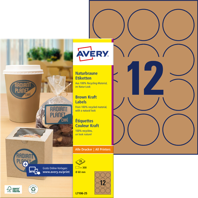 Etiket Avery L7106-25 60mm kraft 300 stuks