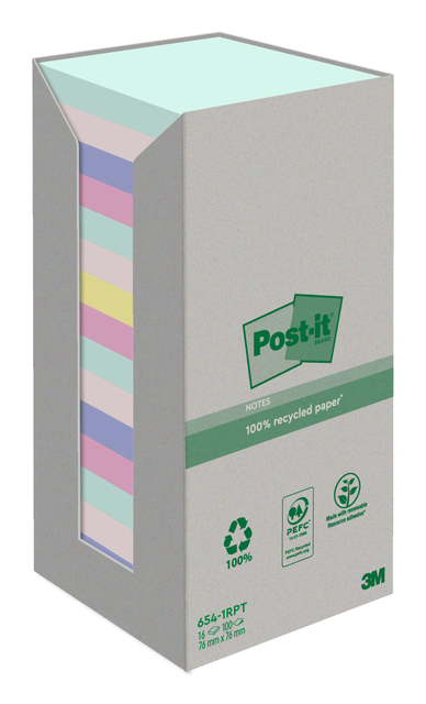 Memo pad Post-it 654-RTP 76x76mm recycled rainbow pastel 16 pieces