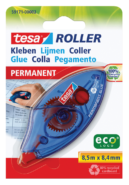 tesa Roller Permanent Gluing ecoLogo, adhesive roller, disposable, 8.5m:8.4mm