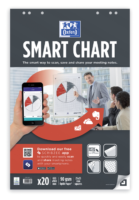 OXFORD Smart Charts 65x98cm Flipchart Refill Pad with Paper Cover Sheet Head-Glued 25mm Squares 20 Sheets SCRIBZEE® Compatibl