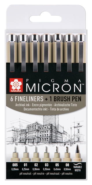 Fineliner Sakura Pigma Micron set à 6 schrijfbreedtes met brushpen zwart