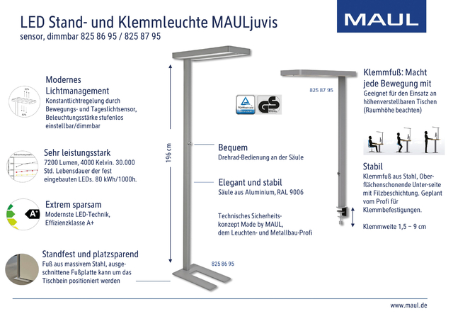 Werkpleklamp tafelklem MAUL Juvis LED beweging- daglichtsensor dimbaar hg 120cm zilver