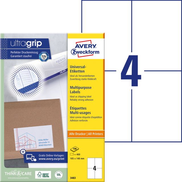 Etiket Avery 3483 105x148mm A6 wit 400 stuks