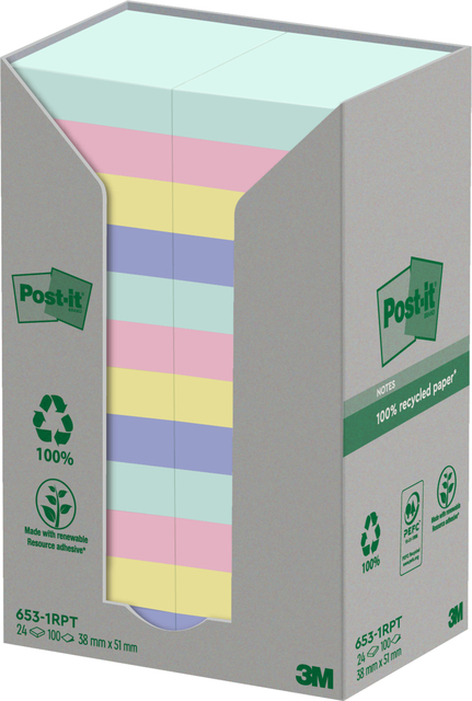 Memo pad Post-it 653-RPT 38x51mm rainbow pastel 24 pieces