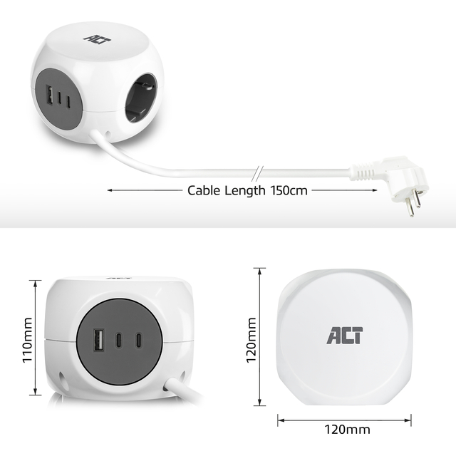 Stekkerblok ACT 3 voudig  inclusief 2x USB C/A 1.5 meter wit/grijs