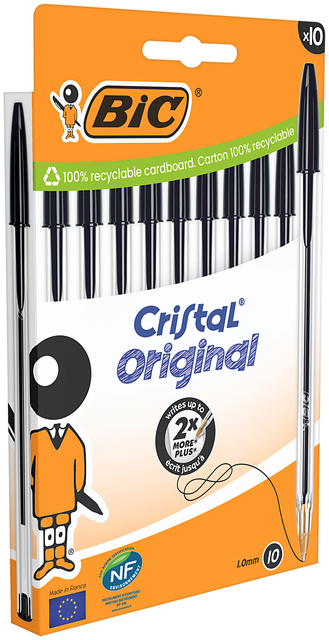 Balpen Bic Cristal medium zwart blister à 10 stuk