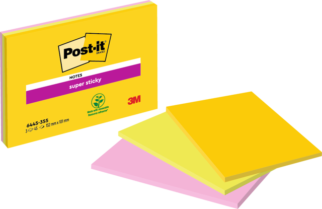 Memo pad Post-it 6445 Super Sticky 152x101mm assorti 3 pieces