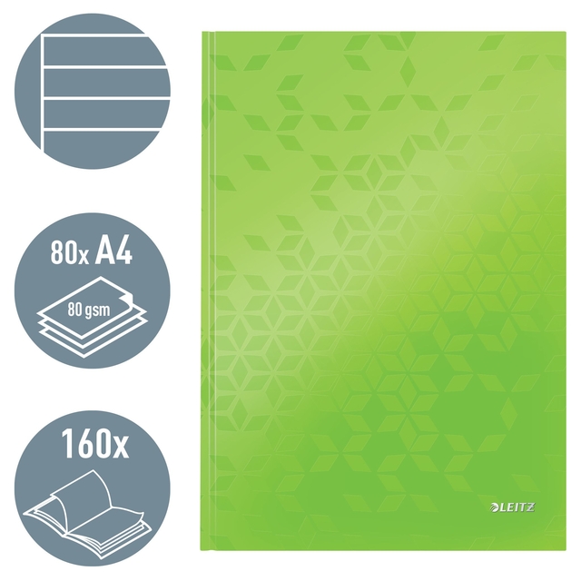 Notitieboek Leitz WOW A4 160blz 90gr lijn groen