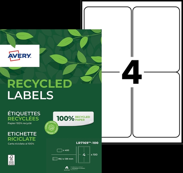 Etiket Avery LR7169-100 99.1x139 mm recycled wit 400 stuks