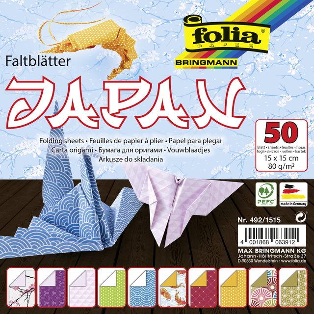 Vouwblaadjes Folia 80gr 15x15cm 50 vel 2-zijdig Japan 10 designs ass