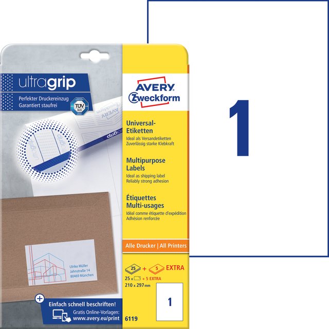 Etiket Avery 6119 210x297mm A4 wit 25 stuks