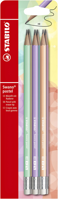 Potlood STABILO Swano grafiet HB met gumtop pastel assorti blister à 6 stuk