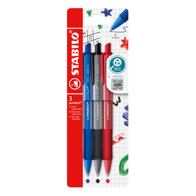 Balpen STABILO pointball colorful medium assorti blister à 3 stuk