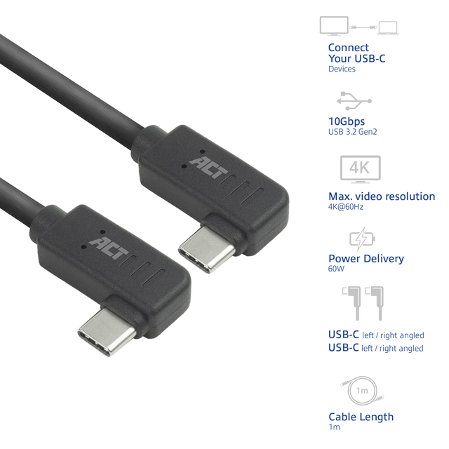 Kabel ACT USB-C hoek links/rechts 10Gbps 1m