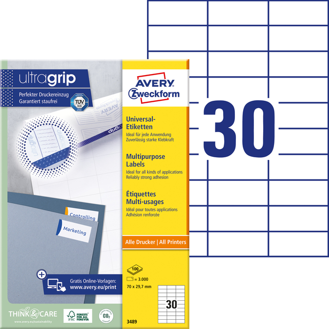 Etiket Avery 3489 70x29.7mm wit 3000 stuks