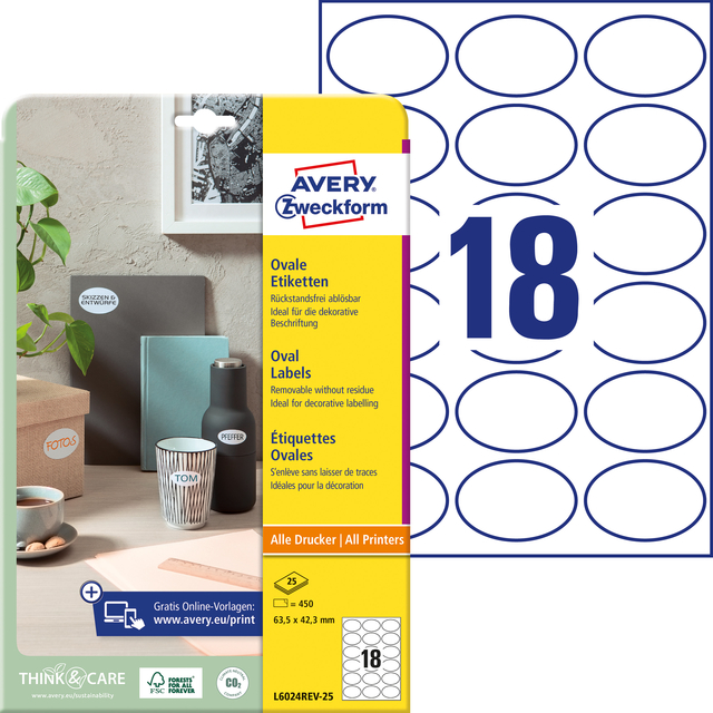 Etiket Avery L6024REV-25 63.5x42.3mm wit 450 stuks