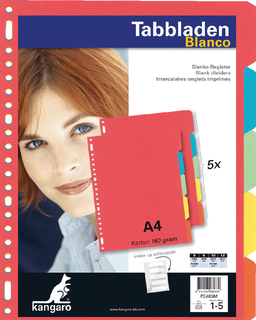Dividers Kangaro A4 cardboard 180 grs 23 holes 5 tabs assorted