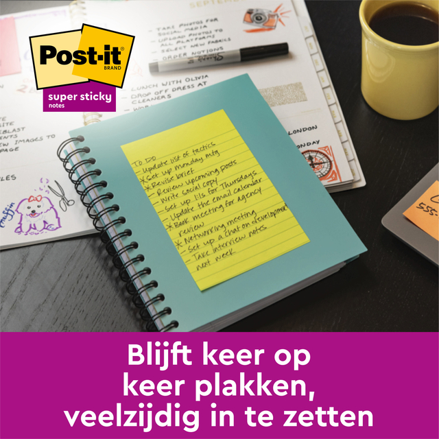 Memoblok 3M Post-it 584 127x203mm Super Sticky lijn assorti kleur 4 stuks
