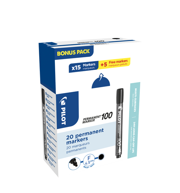 Viltstift PILOT 100 rond fijn zwart doos à 15+5 grati