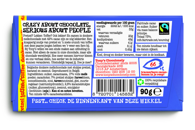 Chocolade Tony's Chocolonely donkere melk pretzel toffee reep 90 gram