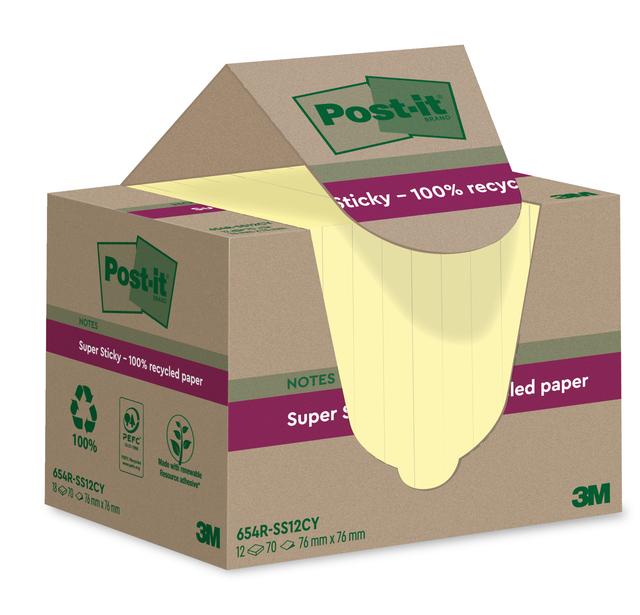 Memoblok  Post-it Super Sticky 654 RSS12CY recycled 76x76mm canary yellow 12 pieces