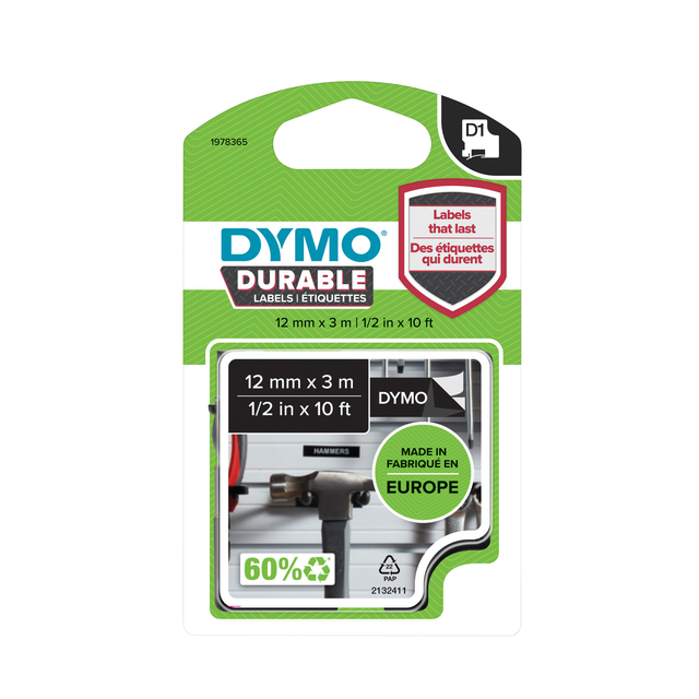 Dymo Durable D1 Tape 12mm x 3m Black