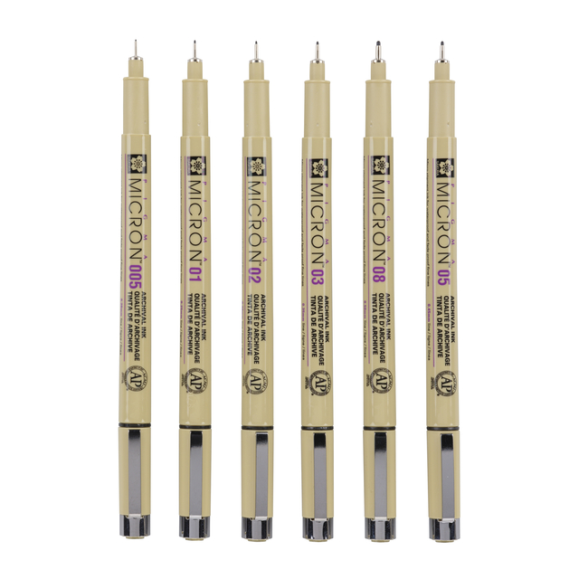 Fineliner Sakura Pigma Micron set à 6 schrijfbreedtes zwart