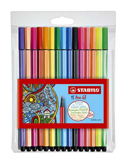 Viltstift STABILO Pen 68/15 medium assorti etui à 10+5 neon kleure
