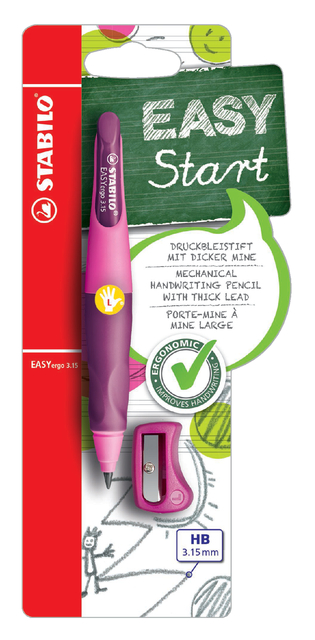 Vulpotlood STABILO Easyergo HB 3.15mm linkshandig roze/lila incl puntenslijper blister à 1 stu