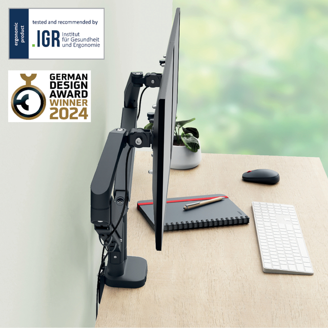 Monitorarm Leitz Ergo ruimtebesparend dubbel donkergrijs