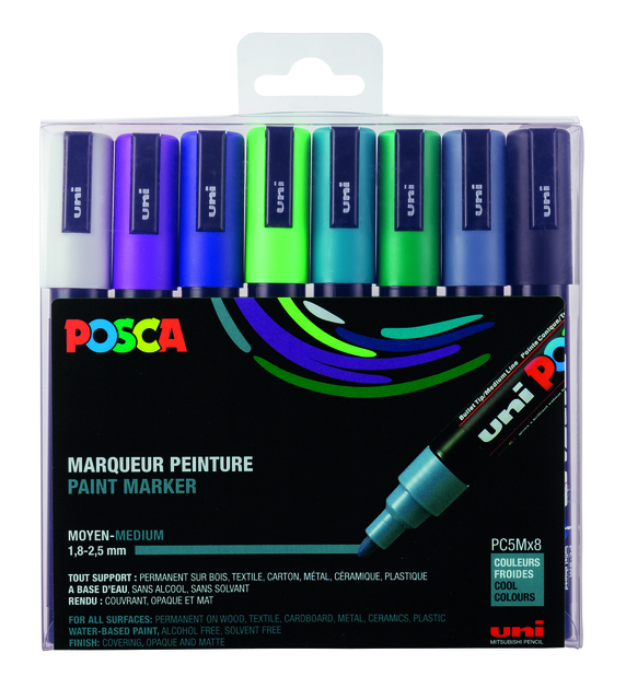 Verfstift Posca PC5M medium koel assorti set à 8 stuk
