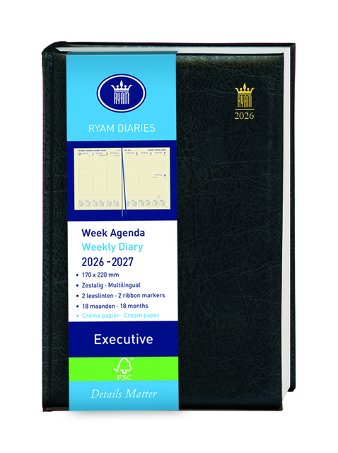Schoolagenda 2026-2027 18mnd Ryam Executive Mundior 7dagen/2pagina's zwart