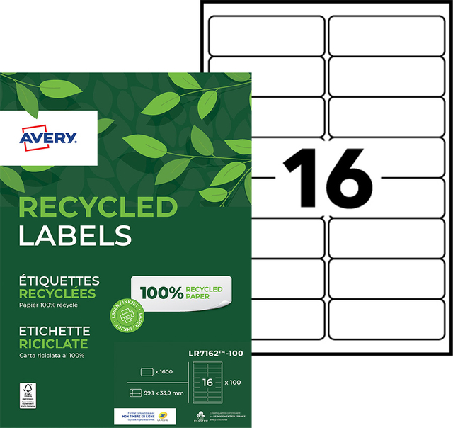Etiket Avery LR7162-100 99.1x33.9mm recycled wit 1600 stuks