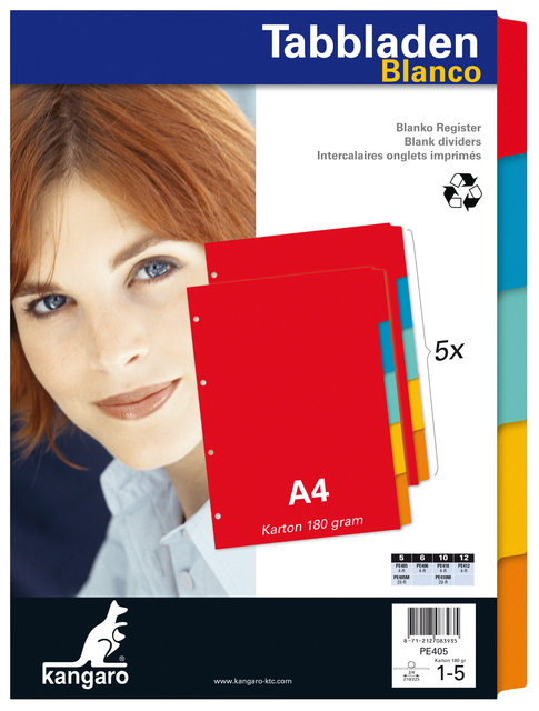 Dividers Kangaro A4 cardboard 180 grs 4 holes 5 tabs assorted