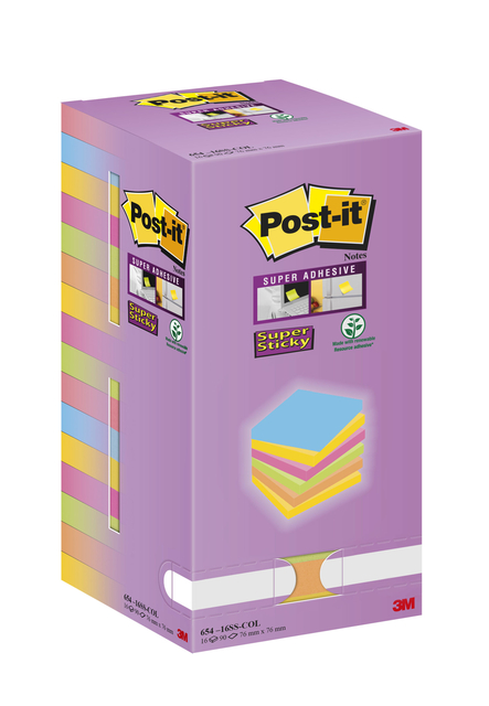 Memo pad Post-it Super Sticky 654 76x76mm color 16 stuks