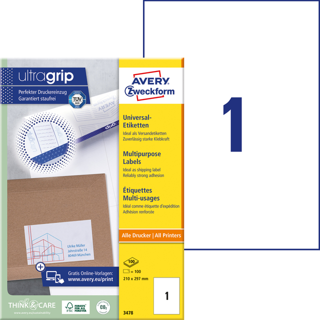 Etiket Avery 3478 210x297mm A4 wit 100 stuks