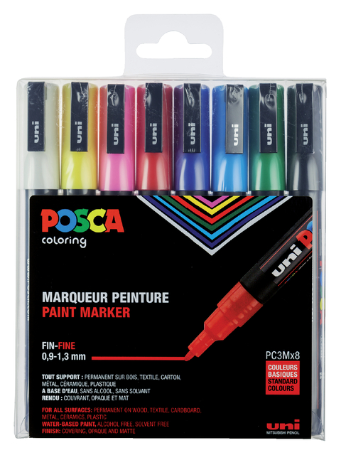 Verfstift Posca PC3M fijn assorti set à 8 stuk