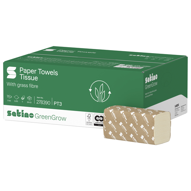 Handdoek Satino PT3 GreenGrow v-vouw 2-laags 250x230mm 15x214 vel naturel 278390