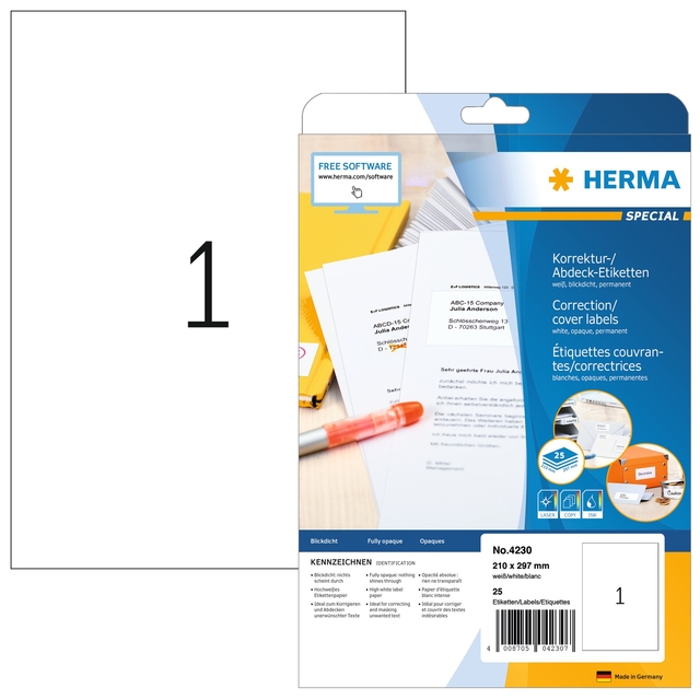 Correction/covering labels A4, 210 x 297 mm, white, opaque, permanent adhesion