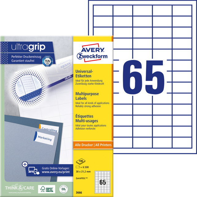 Etiket Avery Zweckform 3666 38x21.2mm wit 6500stuks