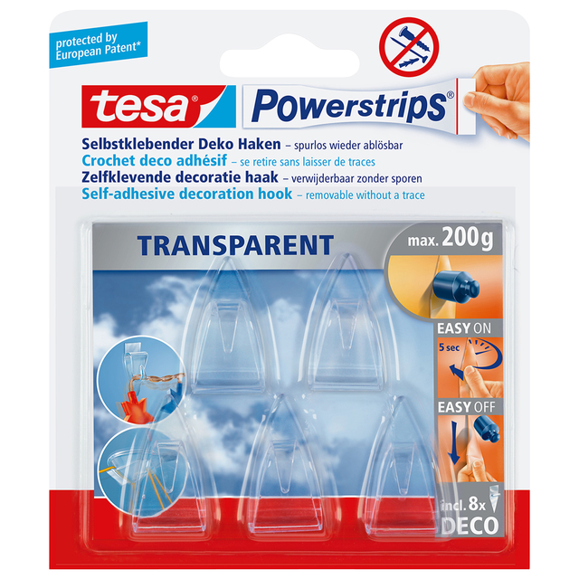 Haak tesa Powerstrips® Deco transparant zelfklevend 5 stuk