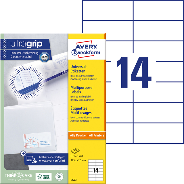 Etiket Avery 3653 105x42.3Mm wit 1400 stuks