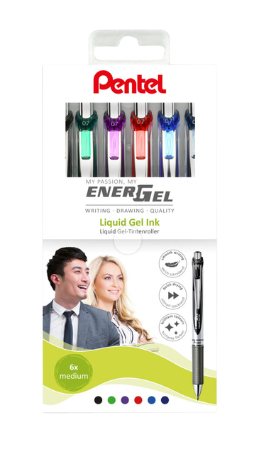 Gelschrijver Pentel BL77 Energel medium assorti etui à 6 stuk