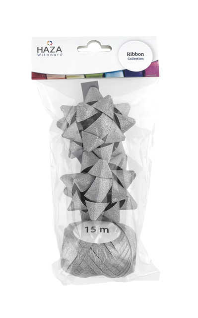 Cadeaulint Polyband en 2 rozetten zilver glitter