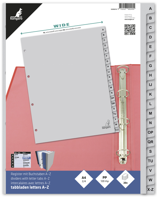 Dividers Kangaro A4 PP 120 micron 4 holes 20 tabs alphabet grey extra width