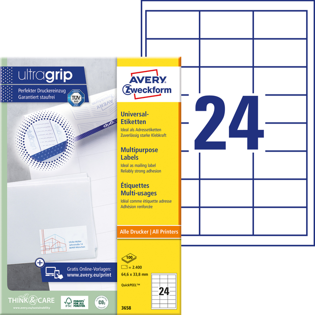 Etiket Avery Zweckform 3658 64.6x33.8mm wit 2400stuks
